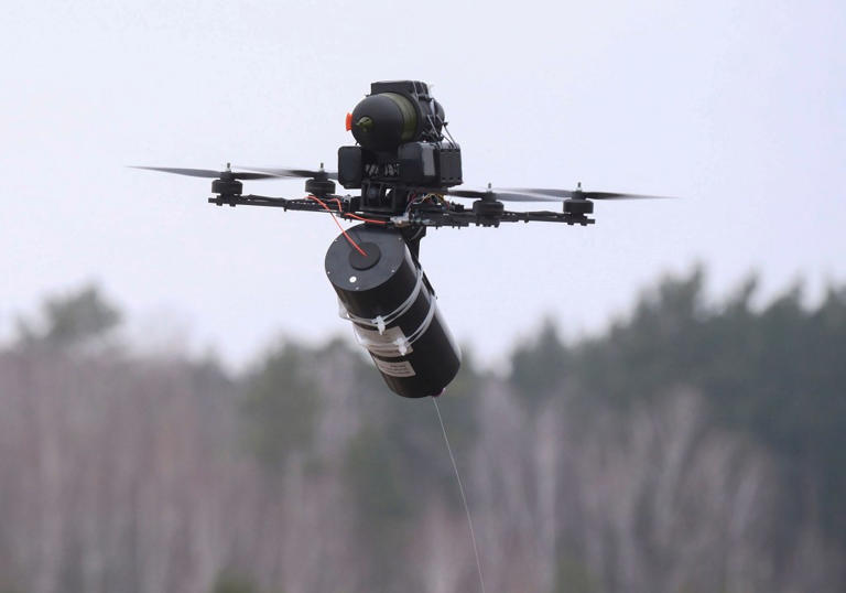 Military drones like this one used in Ukraine could soon be aimed at US border agents under orders from drug cartels. VITALII NOSACH/EPA-EFE/Shutterstock