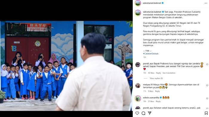 PRABOWO DISERBU ANAK SEKOLAH - Presiden Prabowo Subianto melakukan pengecekan program makan bergizi gratis ke SD Negeri Jati 05 dan TK Negeri Pulogadung 02, di Jakarta Timur, Senin (3/2/2025) (Instagram @sekretariskabinet)