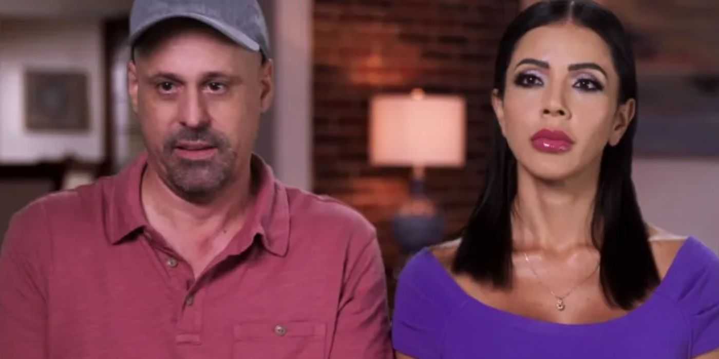Jasmine Pineda in purple dress and Gino Palazzolo in pink shirt sitting side by side In 90 Day Fiance 