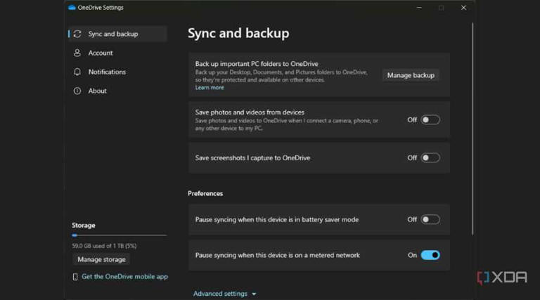 OneDrive settings user interface screenshot
