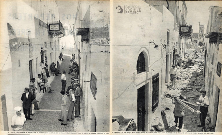Φωτογραφία από τα Φηρά, πριν και μετά τον σεισμό. Η φωτογραφία πριν από τον σεισμό είχε δημοσιευτεί στο γαλλικό περιοδικό Paris Match.