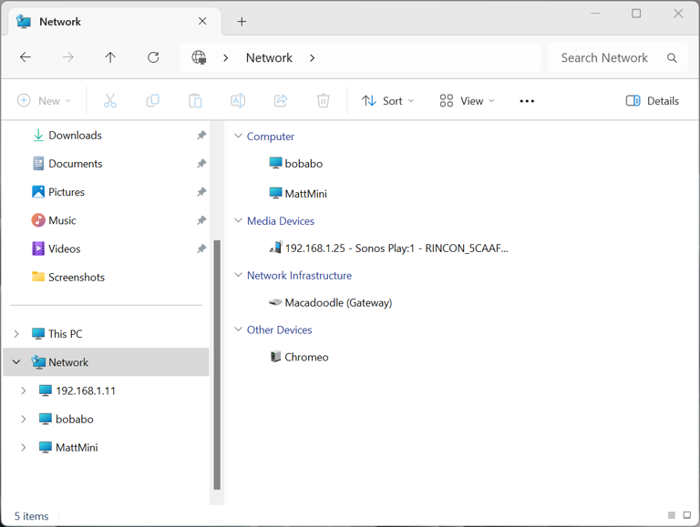 Open File Explorer > Network to see the other devices on your network.