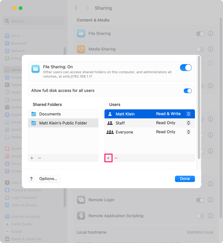 Select the + at the bottom of the Users pane to add a new File Sharing user.-1