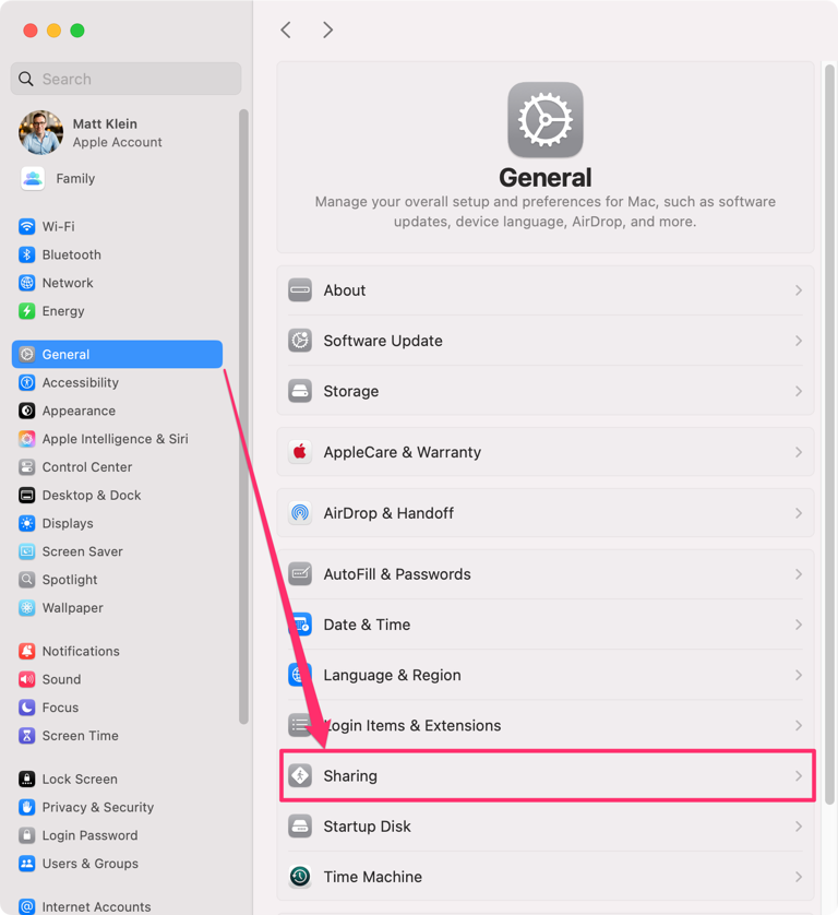 Select Sharing in the General System Settings to enable File Sharing.-1