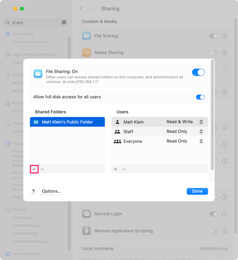Select the + to add folders to share.