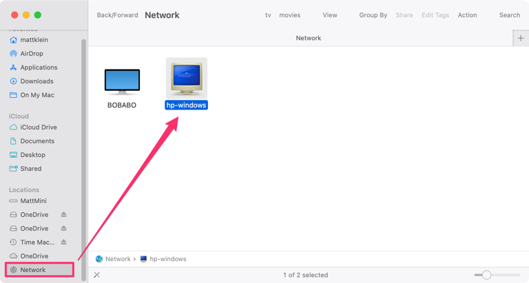 Open Finder, then select Network, then select your Windows machine.