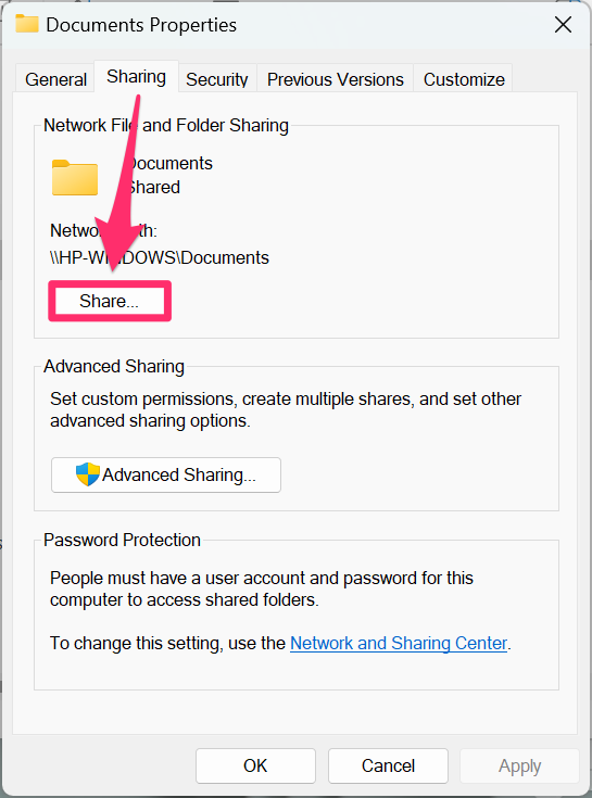 In the folder's Properties, select the Sharing Tab, then the Share button.