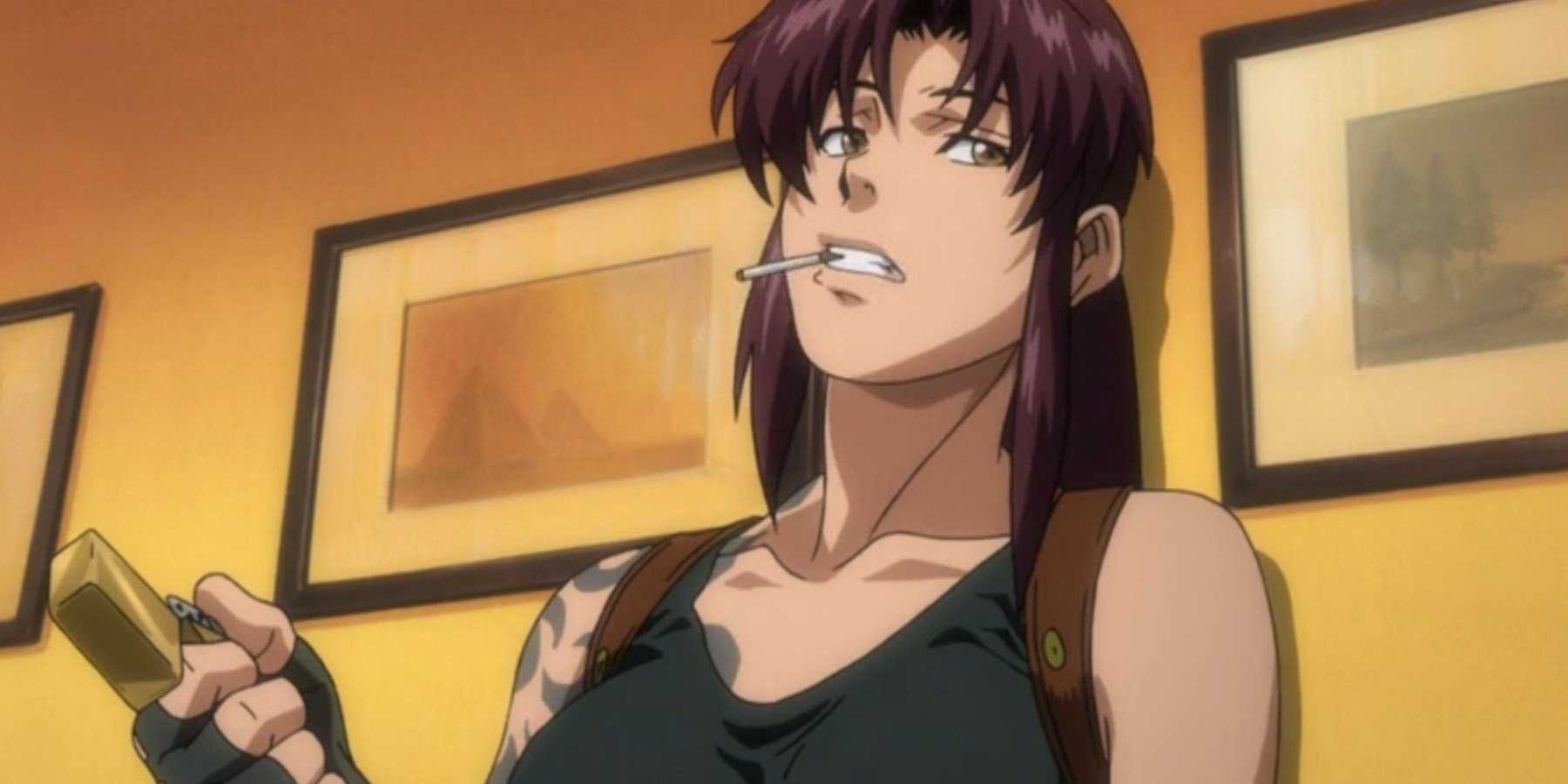 Revy leans her head back with a cigarette in her mouth and a flipped-open lighter in her hand in Black Lagoon.