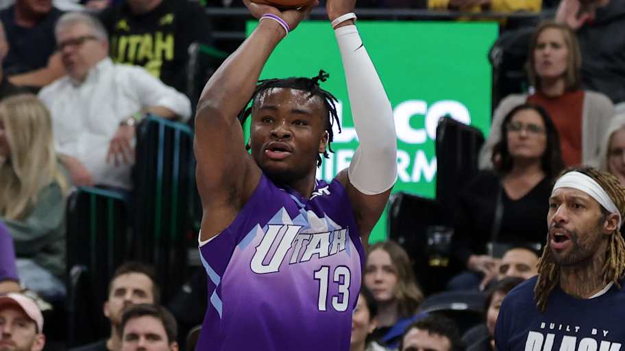 Feb 3, 2025; Salt Lake City, Utah, USA; Utah Jazz guard Isaiah Collier (13) shoots an jump shot during the first quarter against the Indiana Pacers at Delta Center. Mandatory Credit: Chris Nicoll-Imagn Images | Chris Nicoll-Imagn Images
