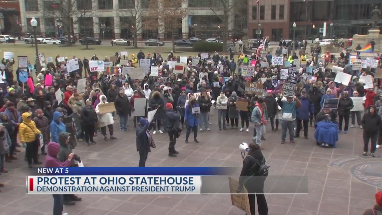 People protest President Trump's policies, Project 2025 at Ohio Statehouse