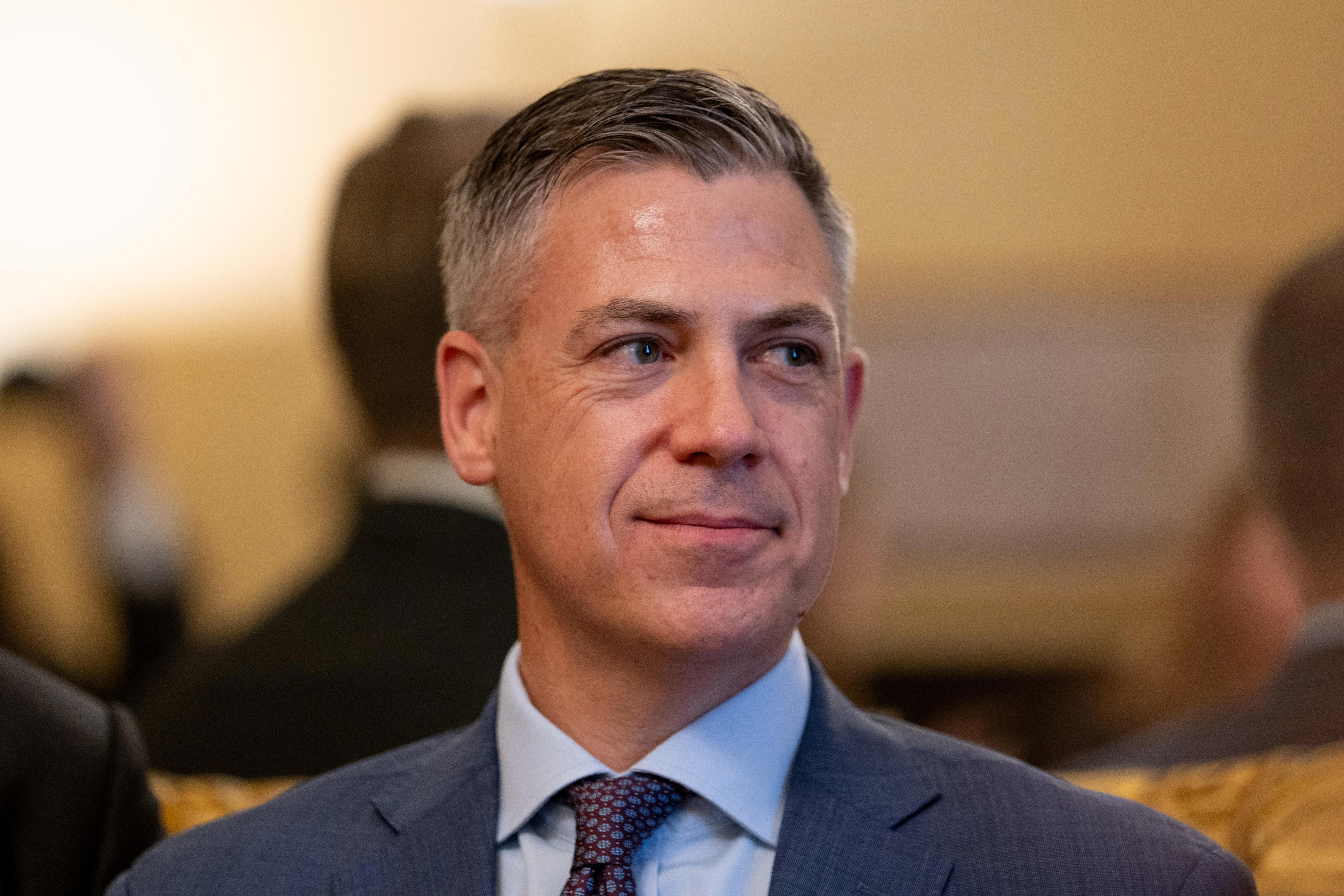 US Senator-elect Jim Banks, Republican of Indiana, looks on during a photo opportunity at the US Capitol in Washington, DC, on November 12, 2024.