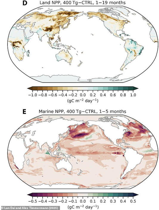 These conditions would trigger huge reductions in the productivity in land (top) and marine (bottom) ecosystems. That would lower crop yields and destabilise global agriculture. On these maps darker regions show areas of greater reduction. 