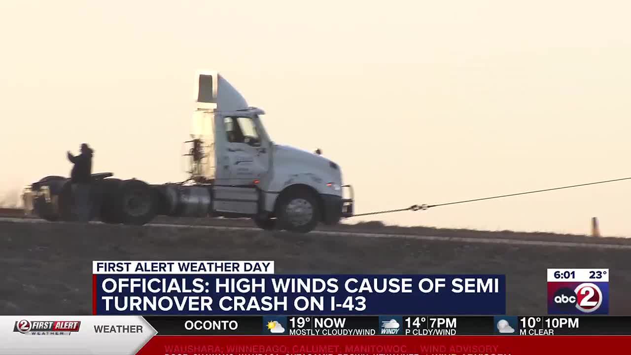 High winds blow over semi trailer on I43 near Manitowoc