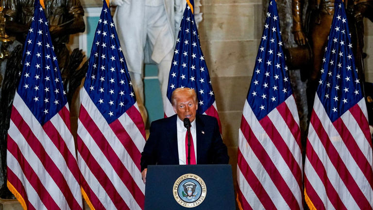 President Donald Trump at the annual National Prayer Breakfast on Thursday. Pic: Reuters/Kent Nishimura