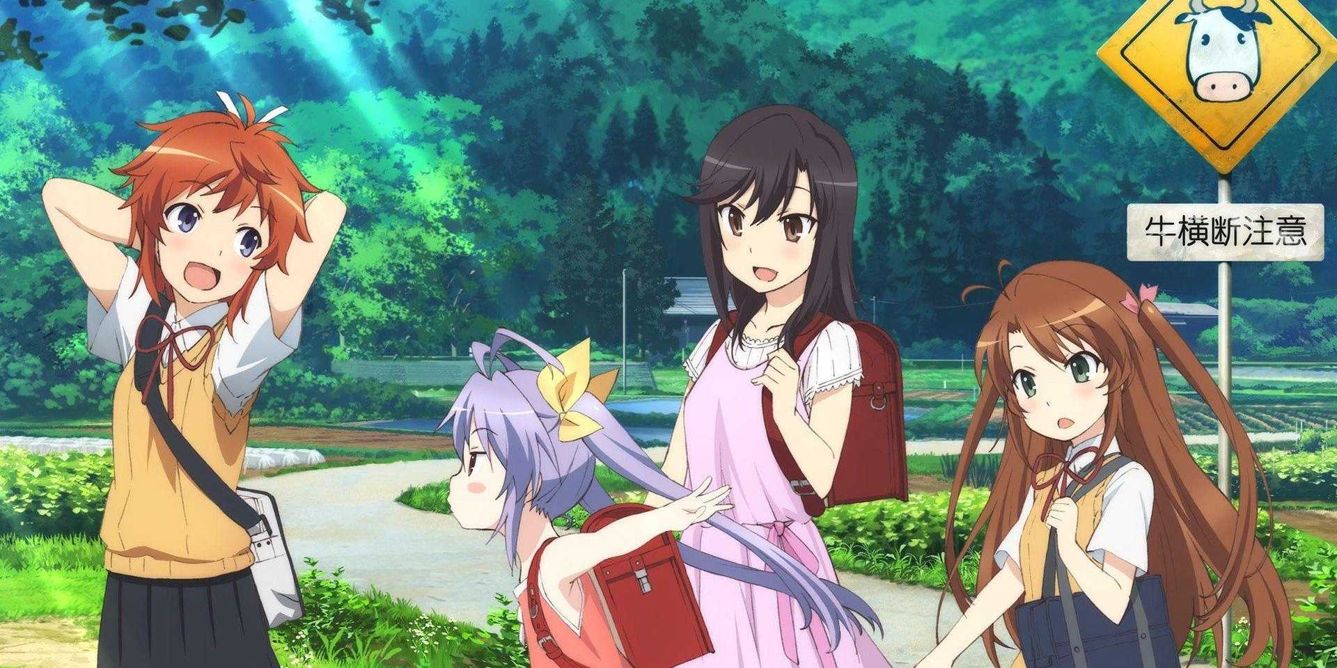 The main girls of Non Non Biyori walking together.