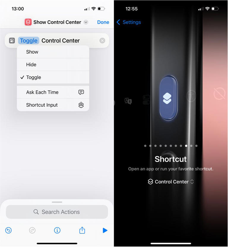 Change your Shortcut for the Control Center from "Show" to "Toggle", before setting it as your Action Button function. Screenshots by Jason Chun/CNET