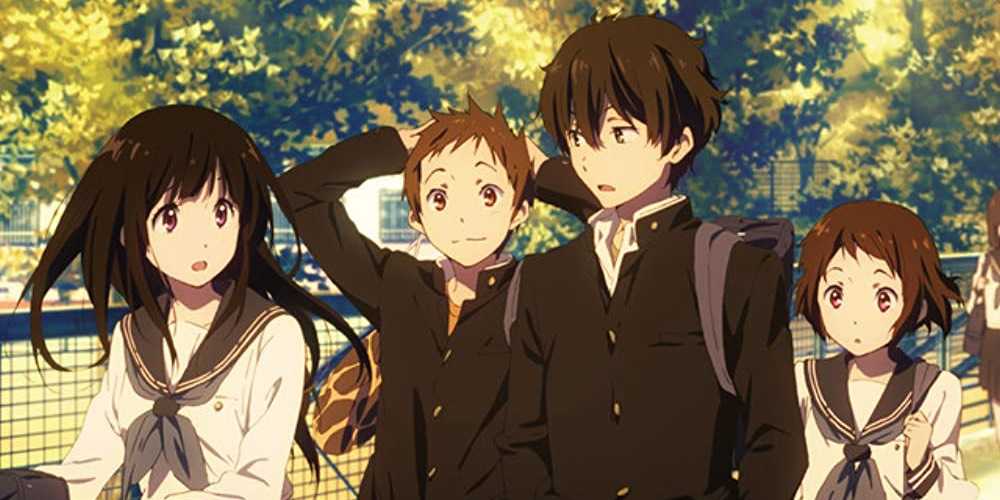 Eru Chitanda, Satoshi Fukabe, Hotaro Oreki, and Mayaka Ibara walk home from school together on a golden evening.