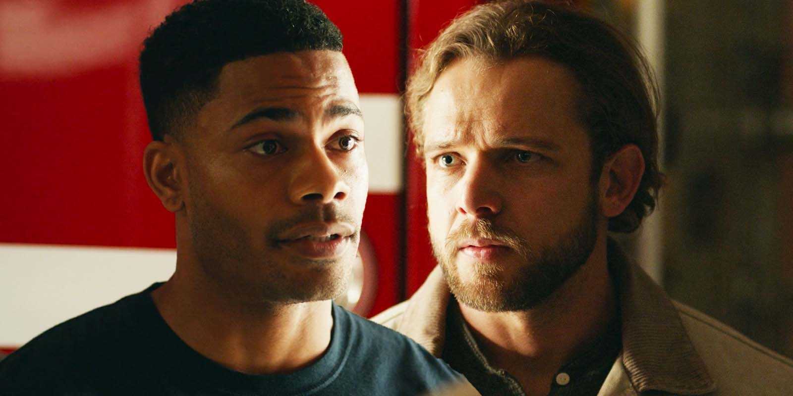 Jordan Calloway as Jake Crawford and Max Thieriot as Bode Leone in Fire Country season 3 episode 10