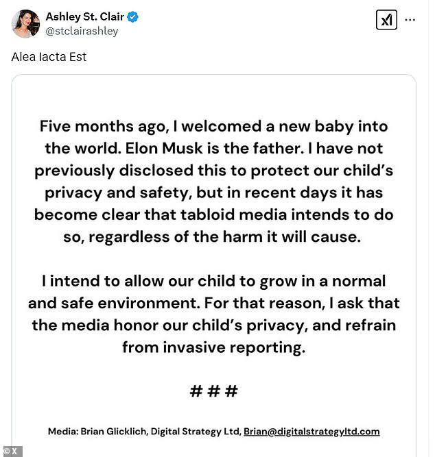 St. Clair made the allegations about Musk being the father of her child on Friday night