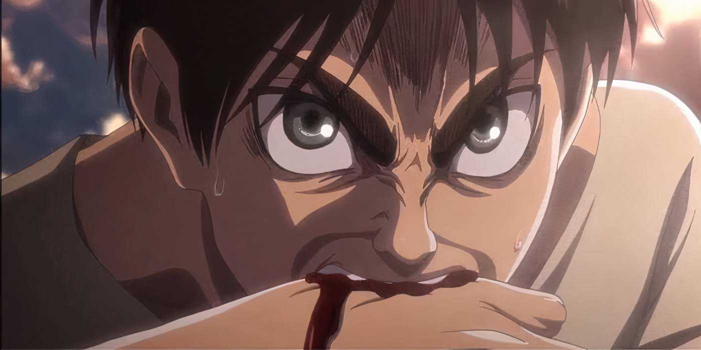 Eren Yeager angrly bites his hand, drawing blood, in Attack on Titan.