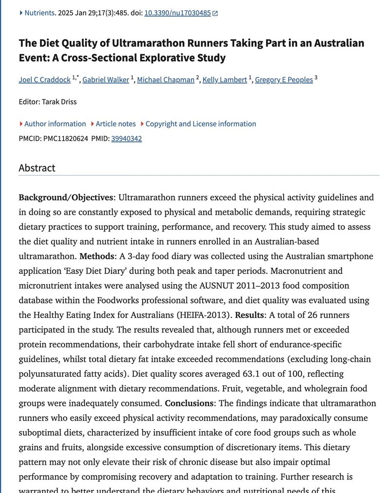 一篇發表在《Nutrients》期刊的研究，分析某一群超馬運動員的日常飲食情況。(圖/取自《營養素》期刊)