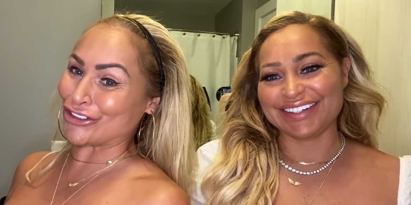 Darcey and Stacey Silva: TLC: 90 Day Fiancé smiling side by side while doing makeup in front of mirror