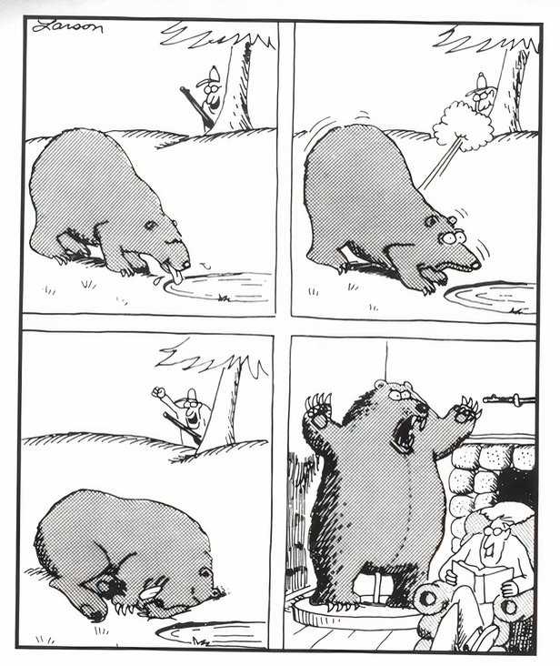 A hunter shoots and kills an unsuspecting bear, then puts the bear in taxidermy as a threatening animal.