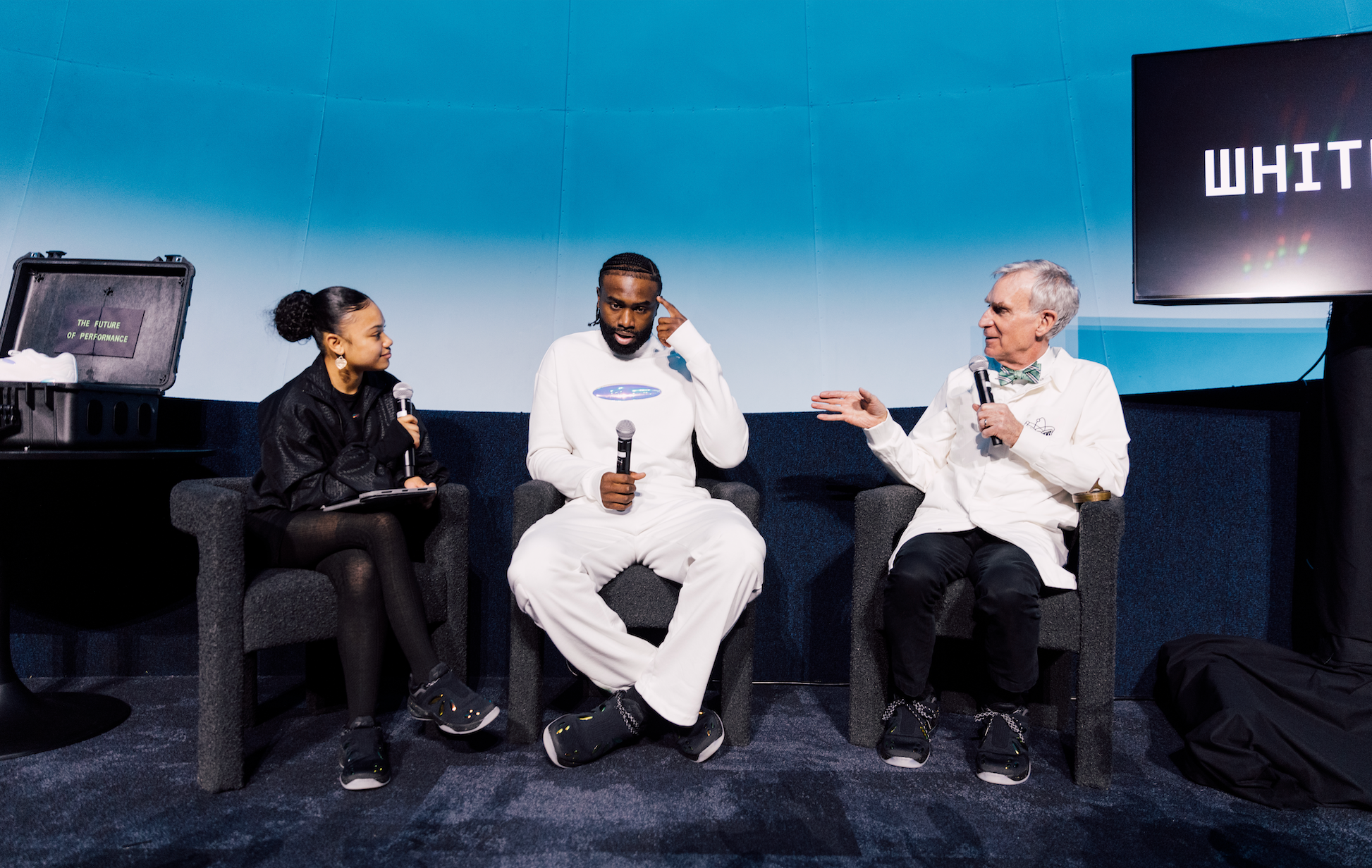 Boston Celtics star Jaylen Brown speaks alongside Bill Nye the Science Guy and Jazzy's World TV at the Museum of Science at an event for his brand 741 Performance.