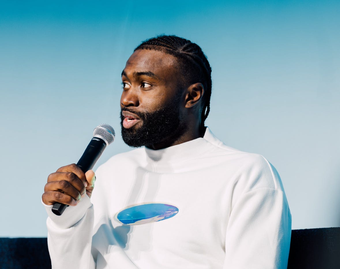 Boston Celtics star Jaylen Brown speaks at the Museum of Science at an event for his brand 741 Performance.