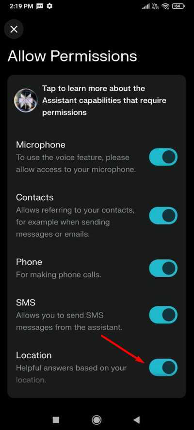 Location toggle in the Preplexity Permission window.