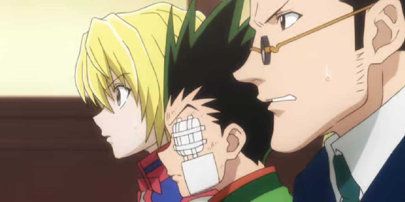 Gon, Kurapika, and Leorio look concerned in Hunter x Hunter.