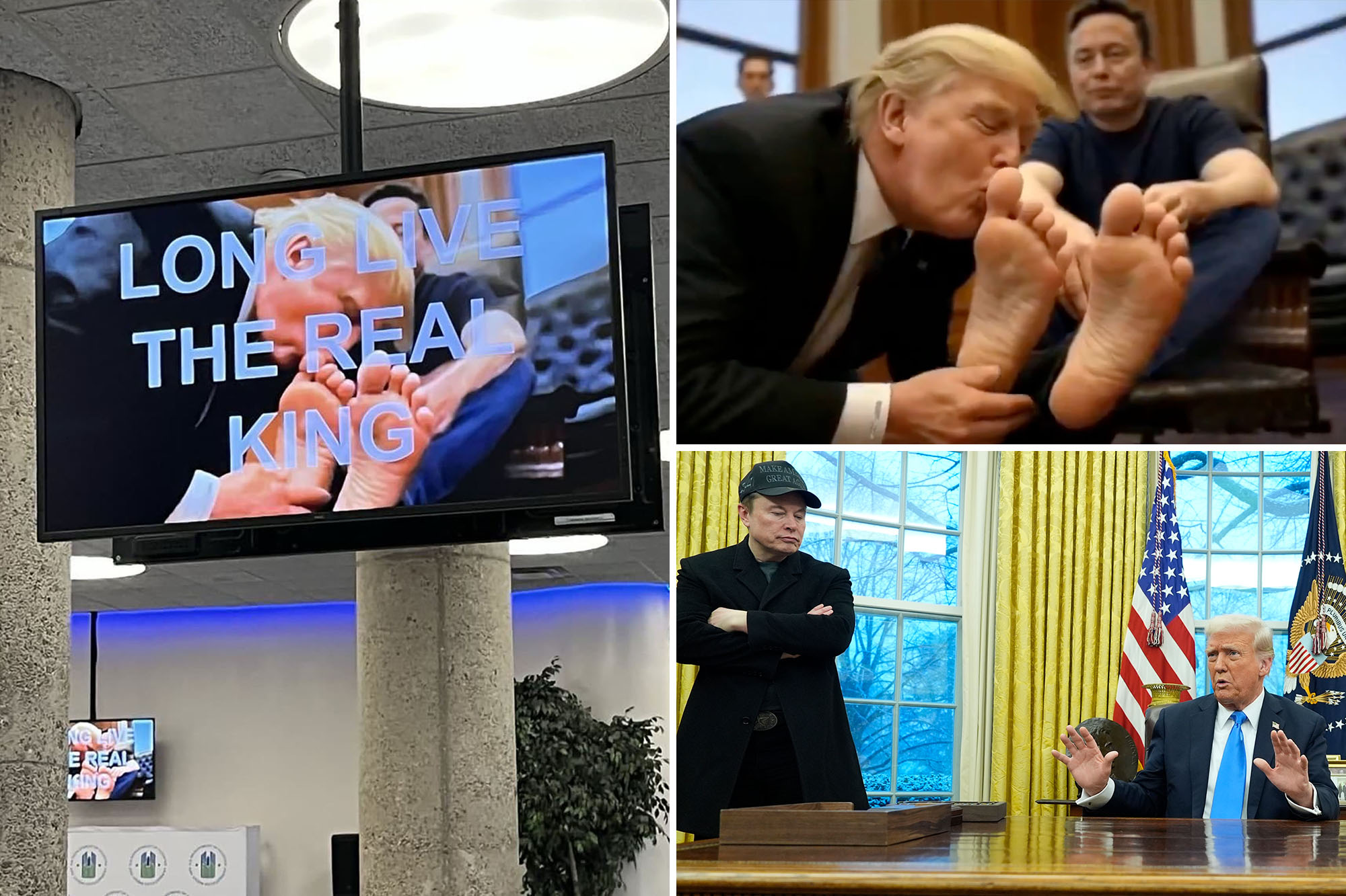 Hackers play video of Trump kissing Elon Musk’s feet on cafeteria(00)