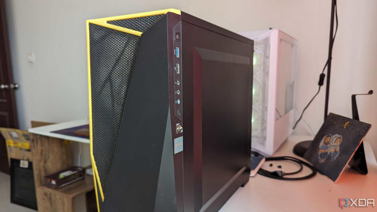 Side view of a gaming PC with a black case 