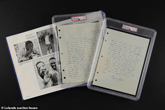 Thr letter, scripted in blue ink on two separate sheets of lined notebook paper, is now being auctioned by Lelands, where the starting bid is $10,000
