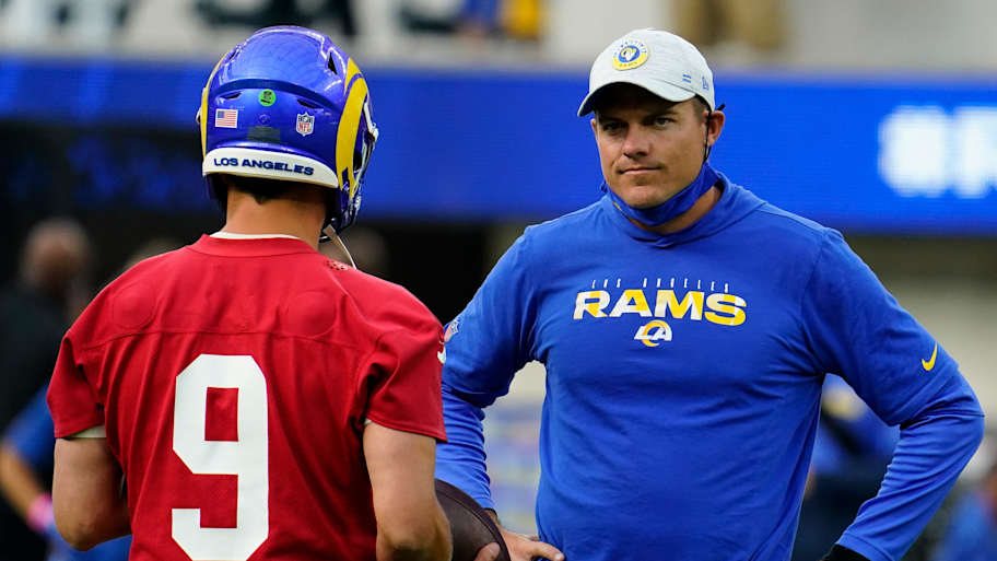 Jun 10, 2021; Los Angeles, CA, USA; Los Angeles Rams quarterback Matthew Stafford (9) talks to offensive coordinator Kevin O'Connell during an offseason workout at SoFi Stadium. Mandatory Credit: Robert Hanashiro-Imagn Images | Robert Hanashiro-Imagn Images