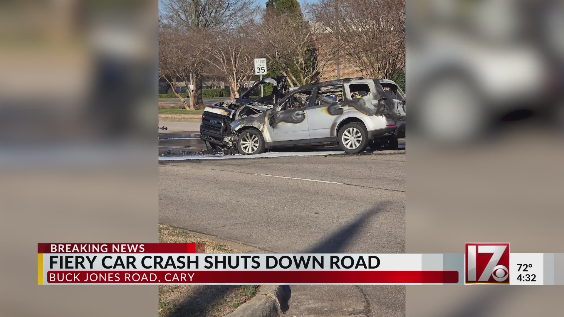 Fiery car crash shuts down road in Cary