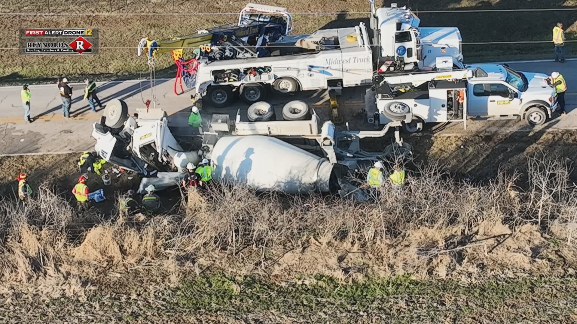 Driver injured in cement truck crash on Rte. KK, County Rd. 413