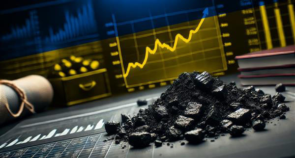 Pieces of coal on a table with financial graphs Image credits - Adobe Stock
