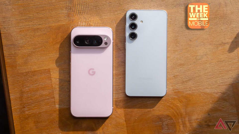 A pink Google Pixel 9 Pro next to a blue Samsung Galaxy S25, face down on a brown table