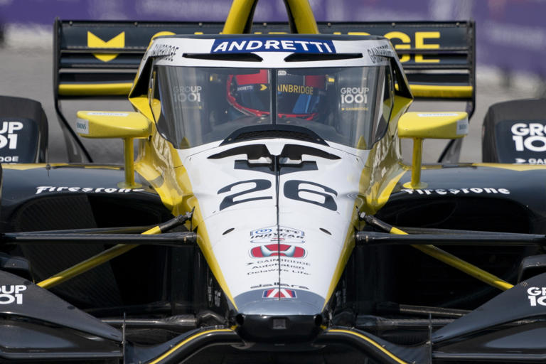 FILE - Colton Herta, of the United States, drives during an IndyCar auto race in Toronto, Sunday, July 21, 2024. (Arlyn McAdorey/The Canadian Press via AP, File)