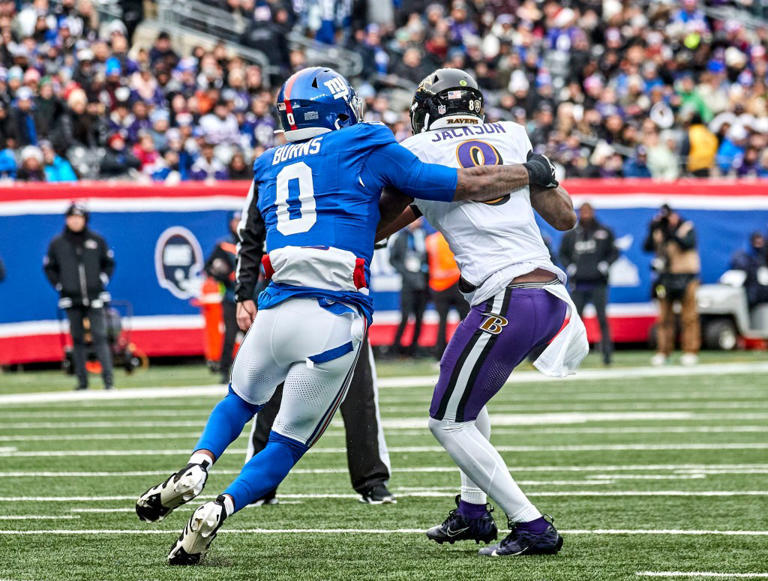 Brians Burns brings down Lamar Jackson in Giants’ loss to Ravens last season. ZUMAPRESS.com / MEGA