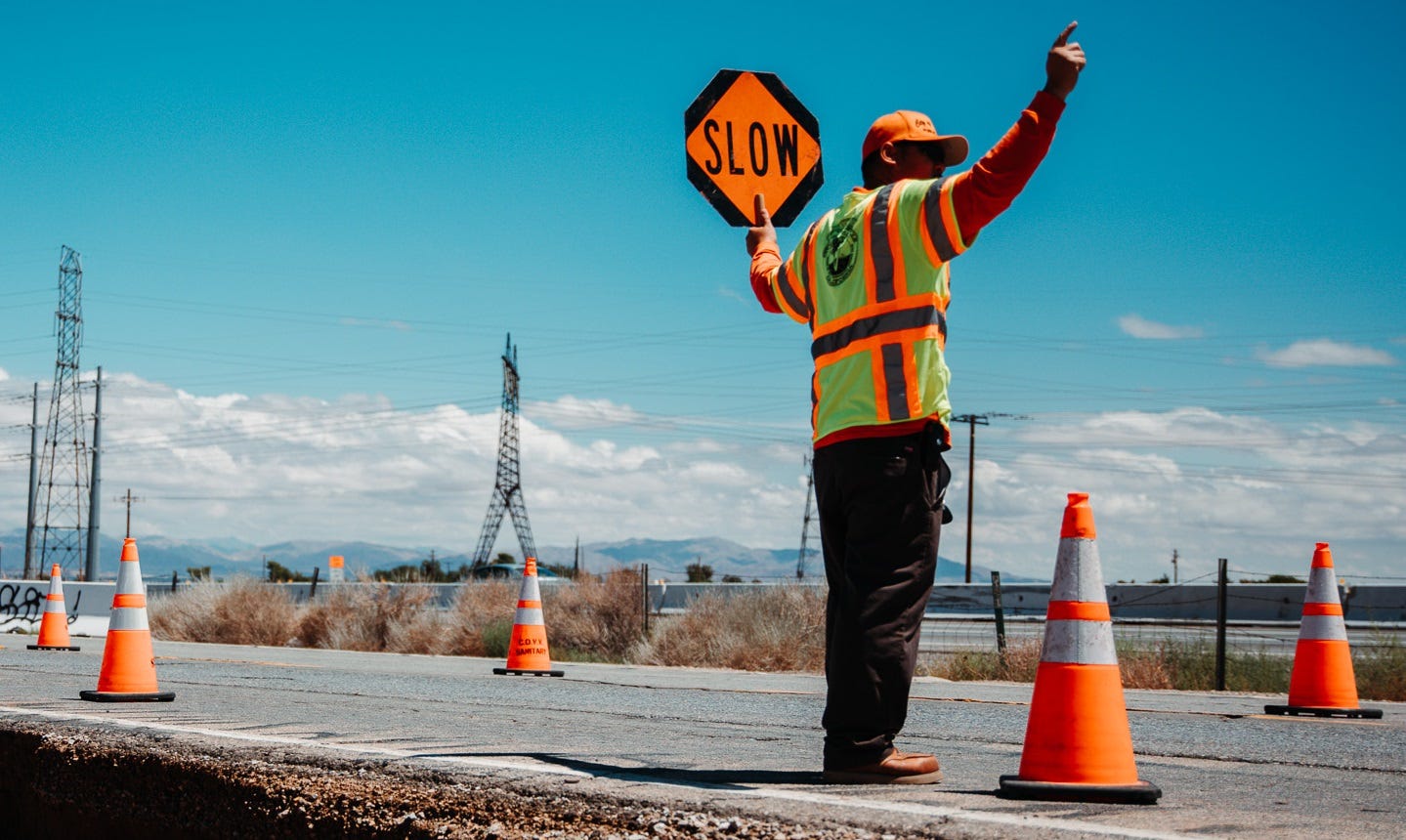 Temporary lane closure, four-way flash near airport in Victorville