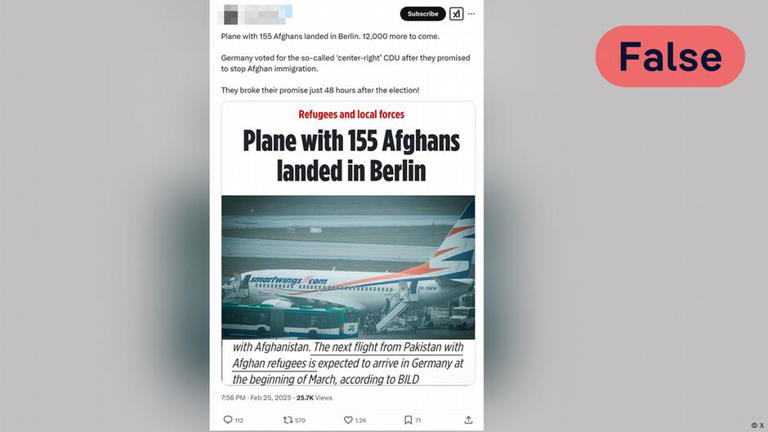 X Post с ложным утверждением о том, что новое правительство Германии разрешило въехать в страну 155 новым афганским беженцам