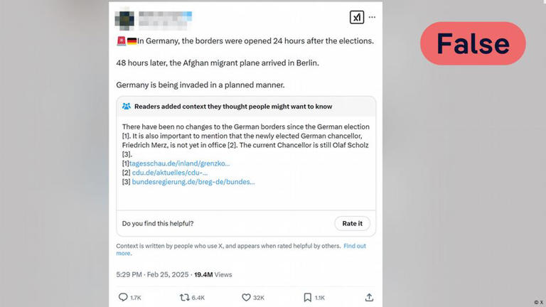 X Post с ложным утверждением о том, что новое правительство Германии разрешило въехать в страну 155 новым афганским беженцам