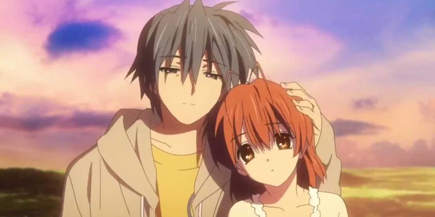 Tomoya and Nagisa from Clannad during a sunset