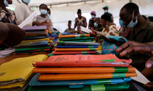 Patients’ files at an HIV/Aids clinic in Kampala, Uganda, this month. The sudden halt to USAid funding has forced many health programmes across Africa to close. Photograph: H Nalwadda/Getty