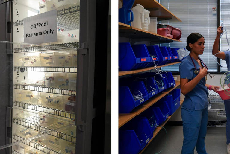 Left: Eugenio Gómez, left, selects medication while Sara Cantú, Desirae Monique Argueta, and Marcela Garza, right, retrieve equipment for a simulation at South Texas College in McAllen. Credit: Gabriel V. Cárdenas for The Texas Tribune