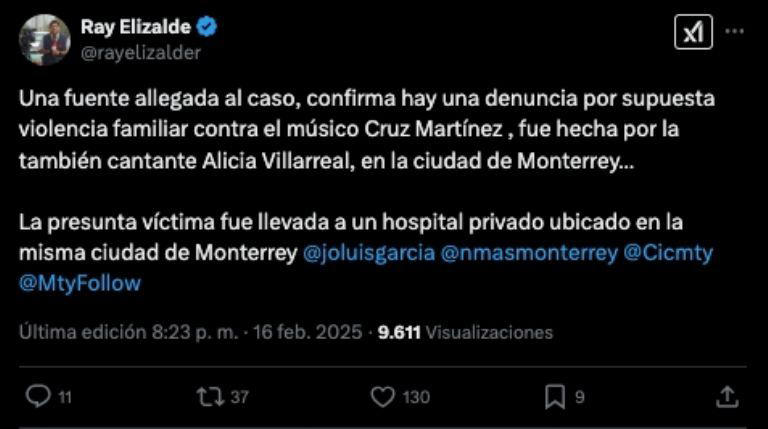 RayElizalde confirma la presunta denuncia de Alicia Villarreal por violencia familiar (X: rayelizalder)