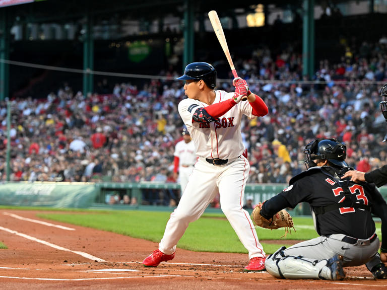 BOSTON, MASSACHUSETTS - APRIL 16: Masataka Yoshida #7 of the Boston Red Sox bats against the Cleveland Guardians during the first inning at Fenway Park on April 16, 2024 in Boston, Massachusetts. Brian Fluharty/Getty Images