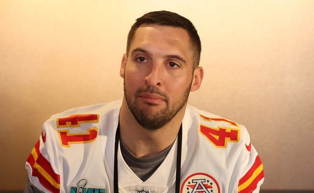 James Winchester #41 of the Kansas City Chiefs speaks to the media during the Kansas City Chiefs media availability prior to Super Bowl LVII at the Hyatt Regency Gainey Ranch on February 08, 2023 in Scottsdale, Arizona.